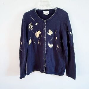 Vintage Women Embroidered Beaded Leaf Novelty Cardigan Medium Granny Casual Navy